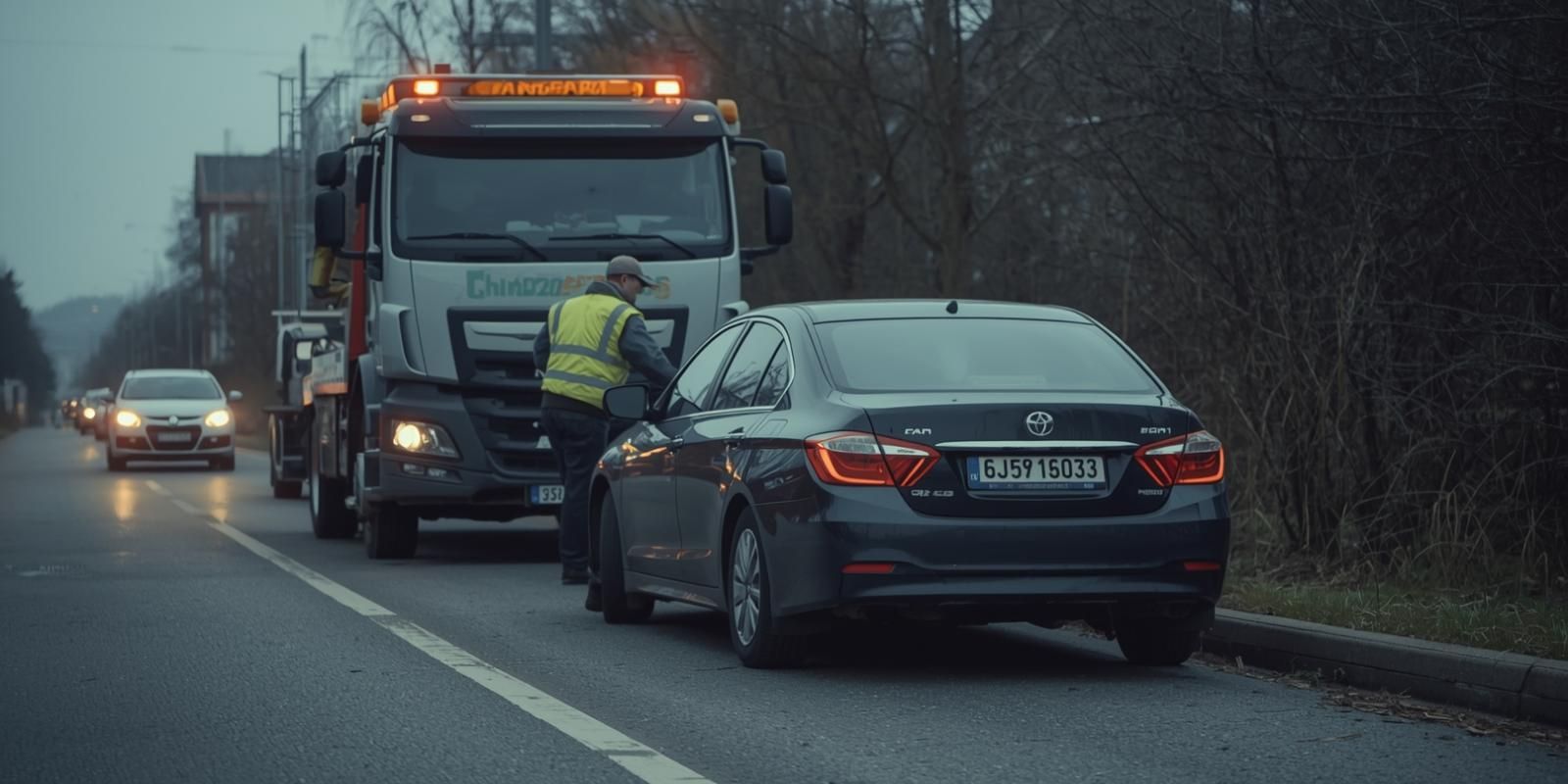 Pomoc drogowa zabezpiecza niesprawny samochód na poboczu w Chojnicach; kierowca w kamizelce odblaskowej przygotowuje auto do załadunku na lawetę