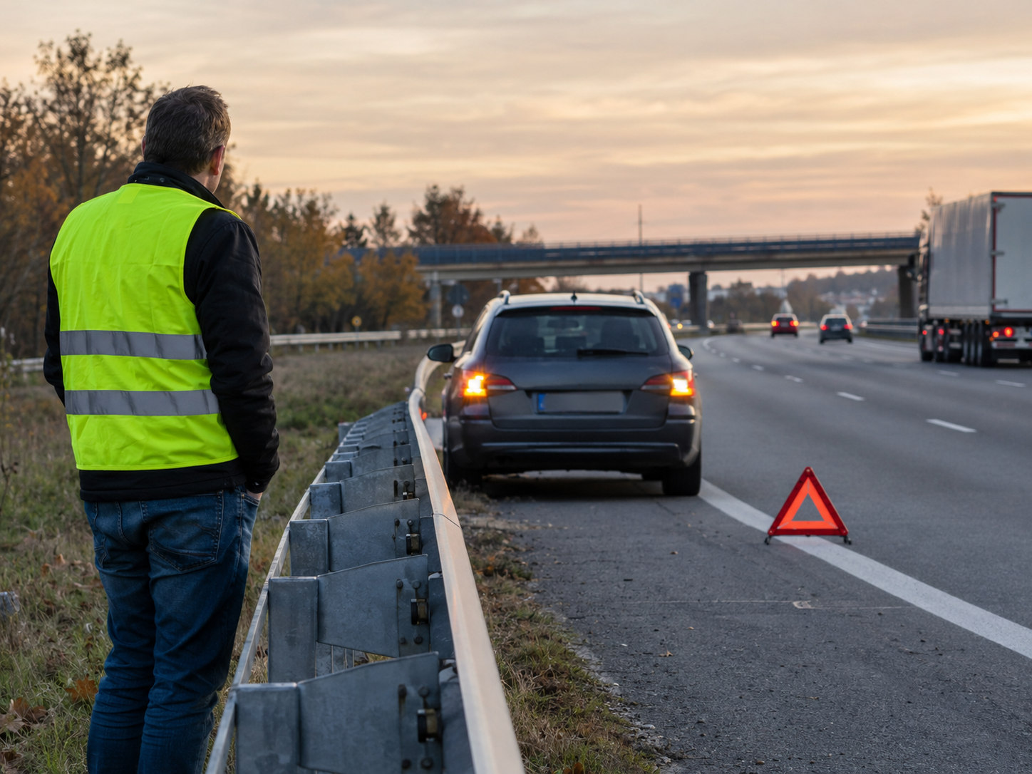 Kierowca w kamizelce odblaskowej czeka za barierą na pomoc drogową po awarii na autostradzie A2
